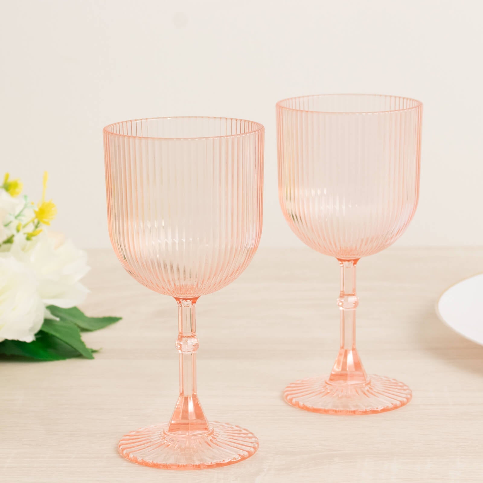 12-Pack Transparent Blush Plastic Wine Glasses 9oz, Vintage Ribbed Pattern