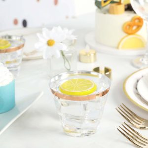 12-Pack Plastic Party Squat Cups 10oz Clear with Rose Gold Rim