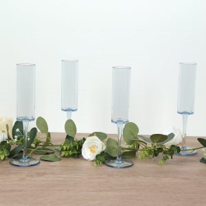6-Pack Transparent Dusty Blue Plastic Champagne Flute Glasses 6oz, Cylindrical Shape with Long Stems