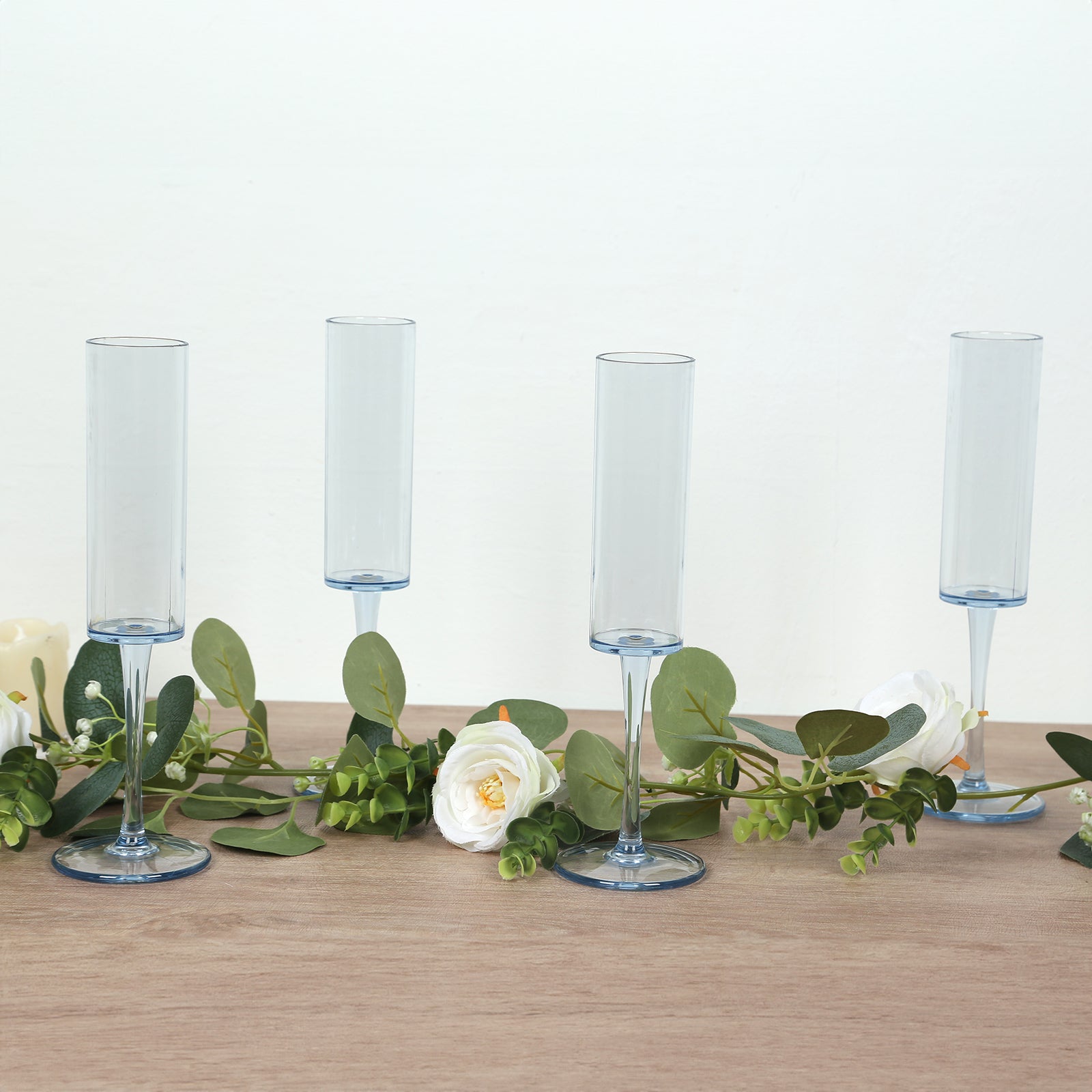 6-Pack Transparent Dusty Blue Plastic Champagne Flute Glasses 6oz, Cylindrical Shape with Long Stems