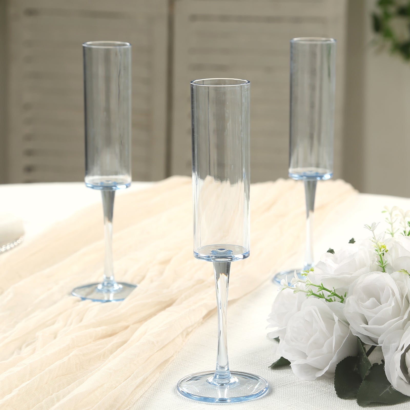 6-Pack Transparent Dusty Blue Plastic Champagne Flute Glasses 6oz, Cylindrical Shape with Long Stems - Image 2